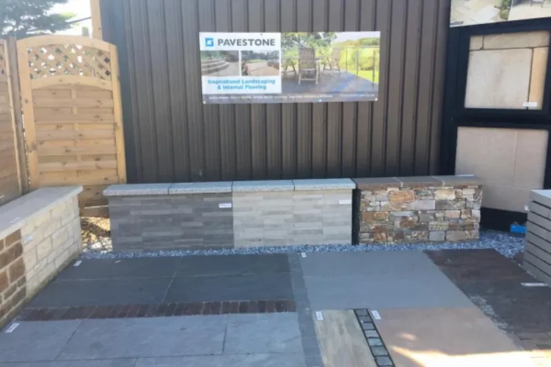 Porcelain and natural stone patio paving on our landscaping display