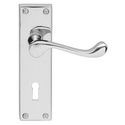Picture of VICTORIAN SCROLL LEVER ON BACKPLATE - LOCK 57MM C/C (CONTRACT RANGE) POLISHED CHROME 152 X 38MM