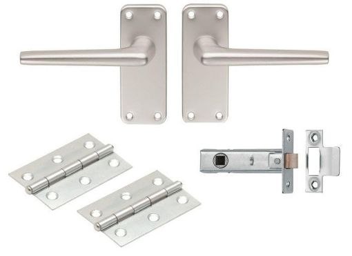Picture of ALUMINIUM LEVER LATCH INTERNAL PACK C/W SAA22 HANDLES 2.5” TUBULAR LATCH & 1 PAIR OF HINGES SATIN ANODISED ALUMINIUM