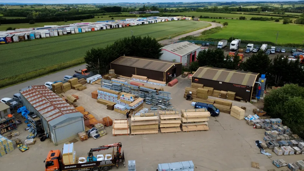 Aerial view of the William Hercock builders merchant yard on Dalby Road, Melton Mowbray